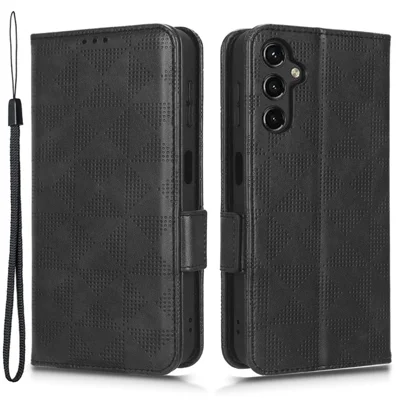 Imprinted Triangle Pattern Phone Cover for Samsung Galaxy A14 5G / A14 4G Leather Wallet Phone Stand Case - Black