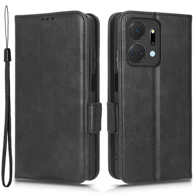 For Honor X7a 5G Wallet Stand Phone Shell Cover Imprinted Triangle Pattern Phone Case - Black