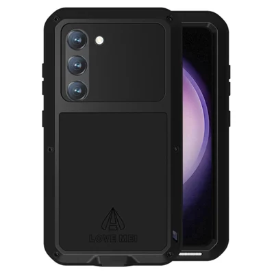LOVE MEI Für Samsung Galaxy S23 Stoßfestes Anti-Drop-Handyhülle mit gehärteter Glasfolie, Silikon + Metallabdeckung - Schwarz
