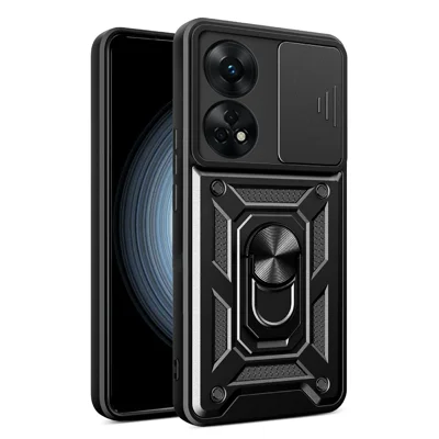 For Oppo Reno8 T 4G Anti-drop Cell Phone Cover Kickstand with Slide Camera Lens Cover - Black