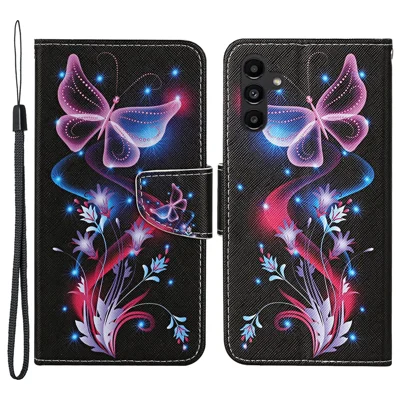 For Samsung Galaxy A24 4G (162.1 x 77.6 x 8.3mm) Wallet Phone Case PU Leather Pattern Printing Stand Flip Cover - Fluorescent Butterflies