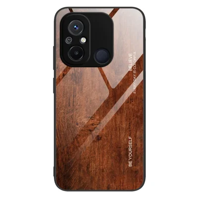 For Xiaomi Redmi 11A 4G / 12C 4G Wooden Pattern Drop-proof Phone Case Tempered Glass + TPU Protective Cover - Coffee