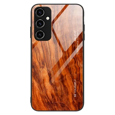 For Samsung Galaxy A14 5G / A14 4G Wooden Pattern Tempered Glass + TPU Protective Cover Anti-scratch Phone Case - Orange