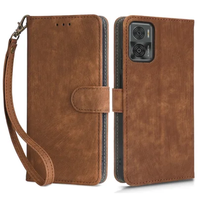 For Motorola Moto E22 4G / E22i 4G Cell Phone Case RFID Blocking Stand Wallet Leather Phone Cover with Strap - Brown