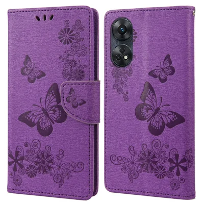 For Oppo Reno8 T 4G Leather Stand Phone Cover Butterflies Flower Imprinting Phone Wallet Case - Purple