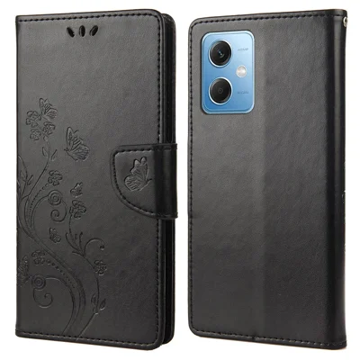 Funda de cuero con billetera y soporte con diseño de flores y mariposas para Xiaomi Redmi Note 12 5G (Global) / (India) / (China) / Poco X5 5G - Negro