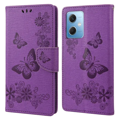 Capa de Couro para Xiaomi Redmi Note 12 5G (Global) / (Índia) / (China) / Poco X5 5G, Capa Carteira com Suporte, Estampa de Borboletas e Flores - Roxo