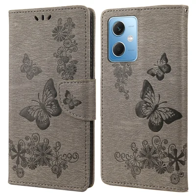 Für Xiaomi Redmi Note 12 5G (Global) / (Indien) / (China) / Poco X5 5G Handy Ledertasche mit Mappenständer und Schmetterlings-Blumenprägung - Grau