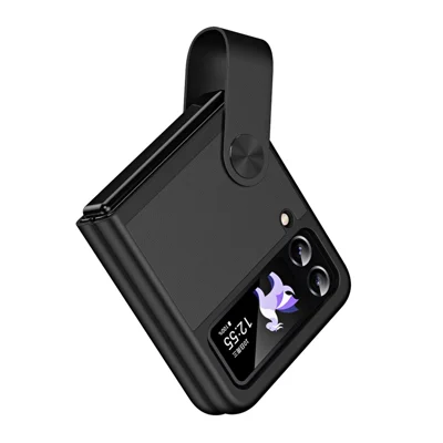 For Samsung Galaxy Z Flip4 5G PU Leather + PC Phone Case Finger Strap Holder Kickstand Cover - Black