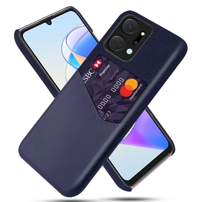 Voor Honor X7a 5G Telefoonbeschermer met Kaartslot TPU Case met Doekstructuur PU Leer+PC Behuizing - Blauw