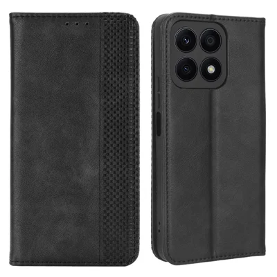 For Honor X8a 4G Retro PU Leather Flip Phone Case Stand Book Style Wallet Phone Cover - Black