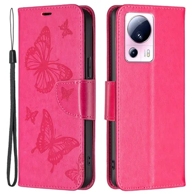 For Xiaomi 13 Lite / Civi 2 5G Phone Leather Case Wallet Stand Butterfly Imprinted Phone Cover with Strap - Rose