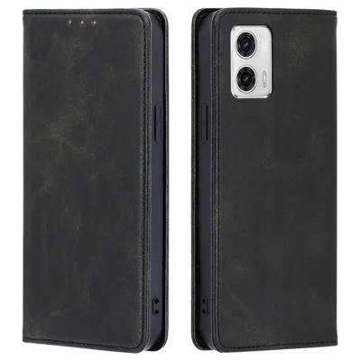 Anti-drop Leather Phone Case for Motorola Moto G73 5G , Calf Texture Wallet Stand Phone Cover - Black
