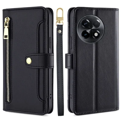 For OnePlus Ace 2 5G / 11R 5G Wallet Phone Case PU Leather Card Slots Zipper Pocket Stand Cover with Straps - Black