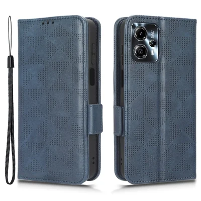 For Motorola Moto G13 4G / G23 4G Leather Phone Cover Wallet Stand Imprinted Triangle Pattern Anti-scratch Phone Case - Blue