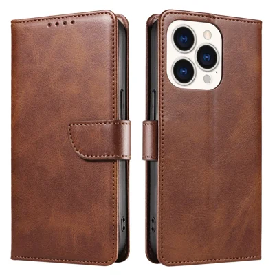 Telefoonhoesje voor iPhone 14 Pro Max, Brown lederen portemonnee hoes met vierkante sluiting, anti-schok, met standaard - Bruin