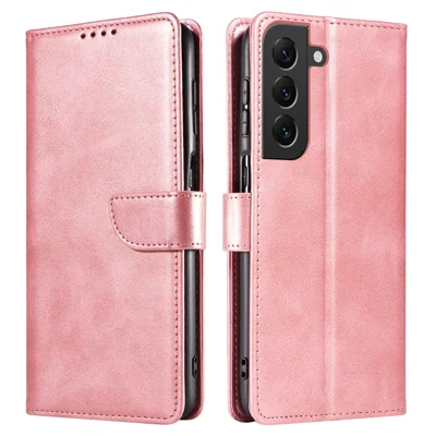 For Samsung Galaxy S23+ Anti-scratch Phone Cover Square Leather Mobile Phone Case with Stand Wallet - Rose Gold