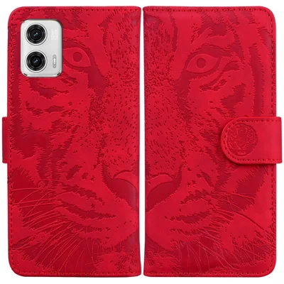 For Motorola Moto G73 5G PU Leather Phone Cover Tiger Imprinted Phone Case with Stand Wallet - Red