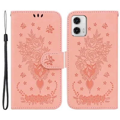 Leather Phone Case for Motorola Moto G73 5G Rose Butterfly Imprinted Phone Stand Wallet Cover - Pink