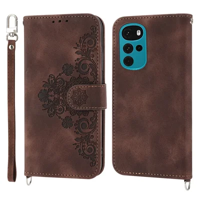 Funda de cuero para teléfono Motorola Moto G22 Billetera de pie con flores impresas Funda táctil con correas - Marrón