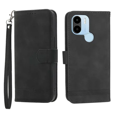DIERFENG DF-03 per Xiaomi Redmi A1+ 4G / A2+ 4G / Poco C50 4G Custodia in Pelle per Telefono con Portafoglio e Supporto, Rivestimento in Pelle con Righe Stampate - Nero