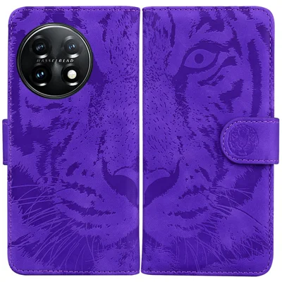 For OnePlus 11 5G Tiger Imprinted Cell Phone Cover PU Leather Wallet Stand Protective Phone Case - Purple