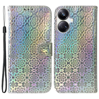 For Realme 10 Pro+ 5G Dazzling Flower Pattern PU Leather Wallet Phone Case Anti-drop Stand Cover - Grey