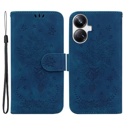 For Realme 10 Pro+ 5G Leather Rose Butterfly Imprinted Phone Case Flip Stand Wallet Mobile Phone Cover - Blue