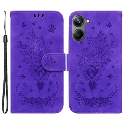 Rose Butterfly Imprinted Protective Phone Case for Realme 10 Pro 5G , Flip Stand Leather Phone Wallet Cover - Purple