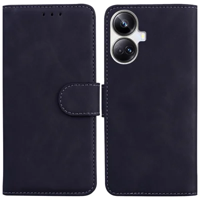 For Realme 10 Pro+ 5G Solid Color Stand Wallet Cover Anti-Fingerprint Leather Phone Case  - Black