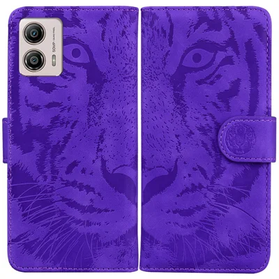 For Motorola Moto G13 4G / G23 4G / G53 5G Flip Wallet Case, Tiger Pattern Imprinted PU Leather Stand Phone Cover - Purple