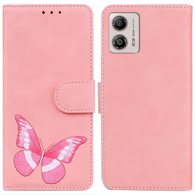For Motorola Moto G13 4G / G23 4G / G53 5G Leather Wallet Case Butterfly Printing Phone Stand Cover - Pink