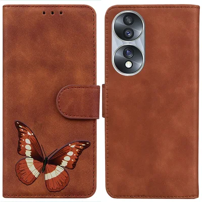 For Honor 70 5G PU Leather Wallet Phone Case Butterfly Pattern TPU Interior Stand Cover - Brown