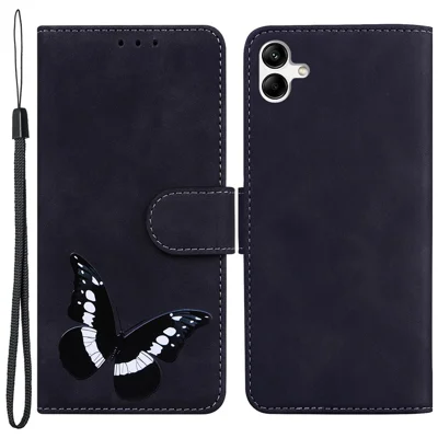 Für Samsung Galaxy A04e 4G / F04 4G / M04 4G Ledertelefonhülle Schmetterlingsmuster-Druckwallet-Telefonständer-Abdeckung - Schwarz