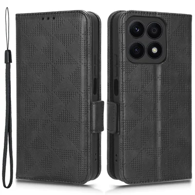 For Honor X8a 4G Phone Case PU Leather Wallet Stand Imprinted Triangle Pattern Phone Cover - Black