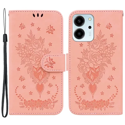 For Honor 80 SE 5G PU Leather Magnetic Flip Phone Case Rose Butterfly Imprinted Stand Wallet Phone Cover - Pink