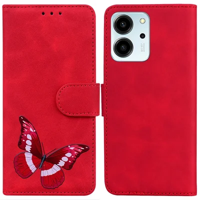 For Honor 80 SE 5G PU Leather Flip Protective Case Butterfly Pattern Printed Phone Cover with Wallet Stand - Red