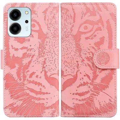 For Honor 80 SE 5G PU Leather Wallet Case Flip Stand Tiger Pattern Imprinted Phone Cover - Pink
