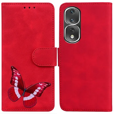 Capa de Celular para Honor 80 Pro 5G Impressão de Borboleta Flip Carteira de Couro Suporte Anti-queda - Vermelho