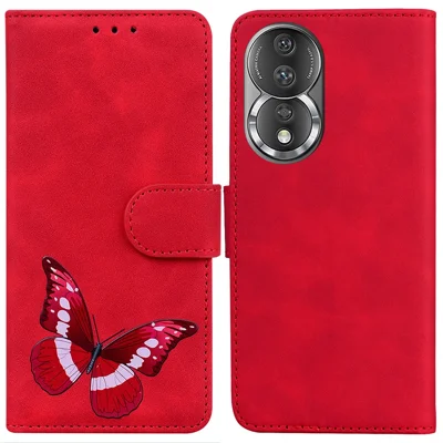 For Honor 80 5G Butterfly Printing Full Protection Phone Cover Leather Wallet Stand Smartphone Case - Red