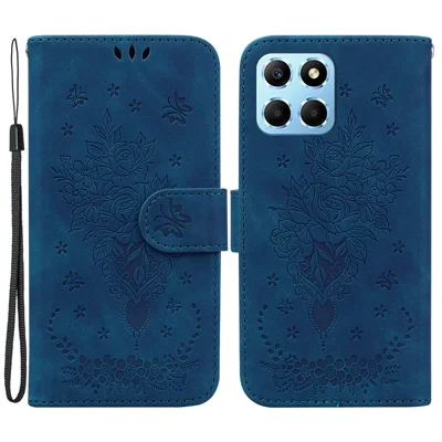 For Honor X8 5G PU Leather Wallet Case Imprinted Rose Butterfly Stand Phone Cover - Blue