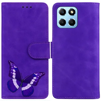 For Honor X8 5G Butterfly Pattern Printing TPU+PU Leather Phone Case Wallet Phone Stand Cover - Purple