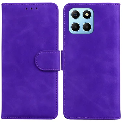 For Honor X8 5G Anti-Fingerprint Leather Phone Case Solid Color Stand Wallet Cover - Purple