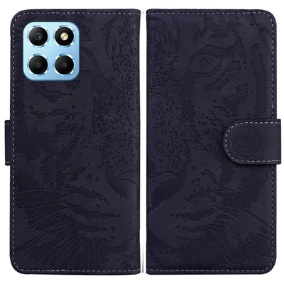 For Honor X8 5G Cell Phone Case Stand Wallet Tiger Pattern Imprinted PU Leather Flip Phone Cover - Black