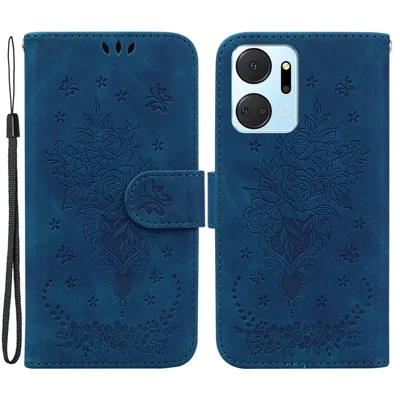 Voor Honor X7a 5G PU Leather Telefoonhoesje Roos Vlinder Bedrukt Stand Flip Portemonnee Cover met Strap - Blauw