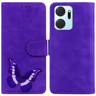 Voor Honor X7a 5G Vlinderpatroon Afdruk Portemonnee Telefoonstandaard Hoesje Leren Telefoonhoes - Paars