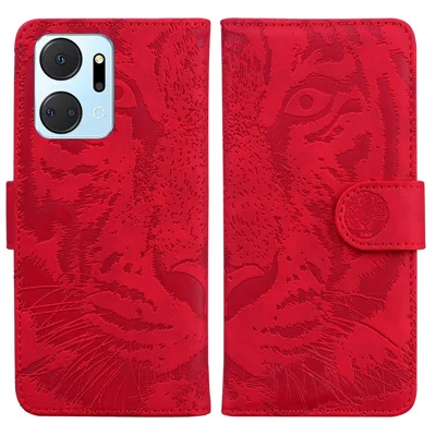 Voor Honor X7a 5G Stand Wallet Cover met Gedrukt Tijgerpatroon PU Leren Flip Telefoonhoesje - Rood
