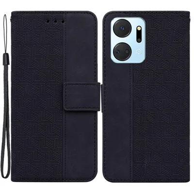 Voor Honor X7a 5G Ingeprent PU Leer Portemonnee Hoesje Stootvast Standhoesje met Handtas - Zwart