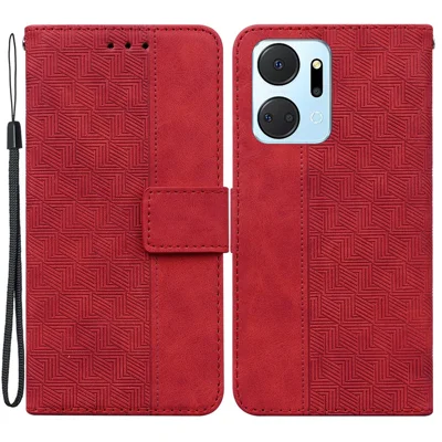 For Honor X7a 5G Imprinted PU Leather Wallet Phone Case Drop-proof Stand Cover with Hand Strap - Red
