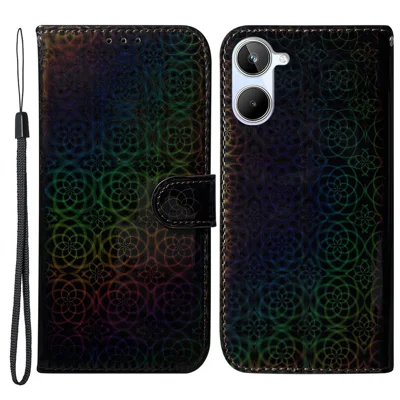 Para Realme 10 4G Funda de teléfono de cuero Cartera Soporte Patrón de flor brillante Funda de teléfono con correa - Negro